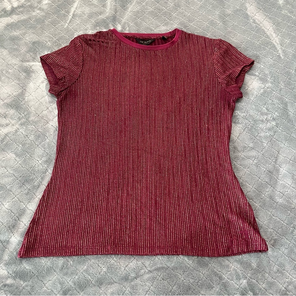 Ted Baker London Burgundy Metallic Stripe Knit Short Sleeve Top Tee Size 2